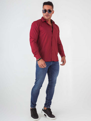 Chemise slim à manches longues avec broderie confectionnée en coton égyptien bordeaux