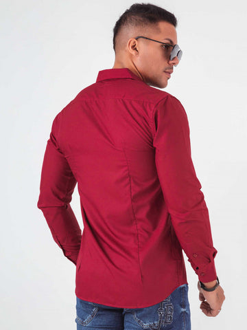 Chemise slim à manches longues avec broderie confectionnée en coton égyptien bordeaux