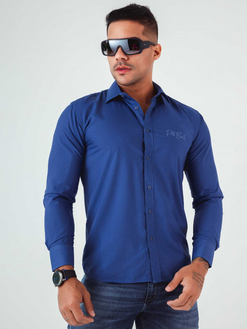 Camicia slim a maniche lunghe con ricamo realizzata in cotone egiziano blu reale