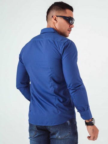 Camisa Manga Longa Slim com Bordado feita em Algodão Egípcio Azul Royal