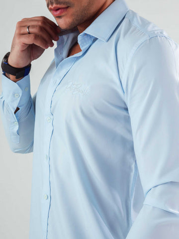 Slim Long Sleeve Shirt with Embroidery made in Light Blue Egyptian Cotton