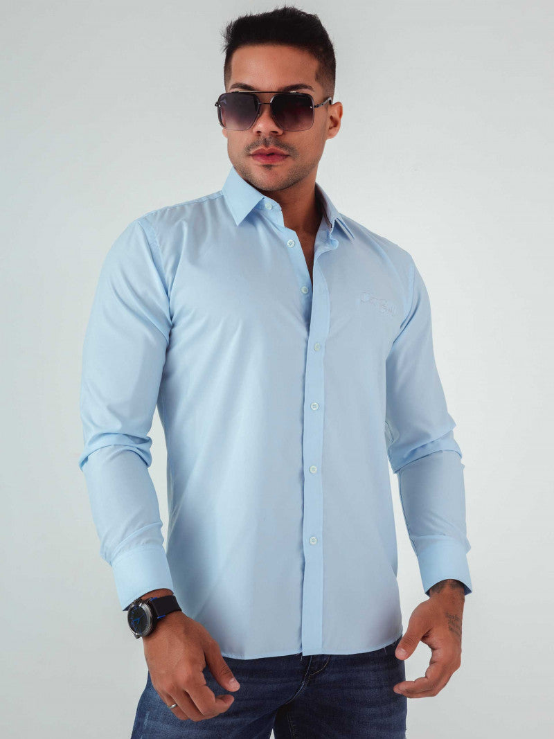 Camisa Manga Longa Slim com Bordado feita em Algodão Egípcio Azul Claro