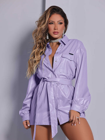 Premium Leather Effect Shirt Dress with Belt