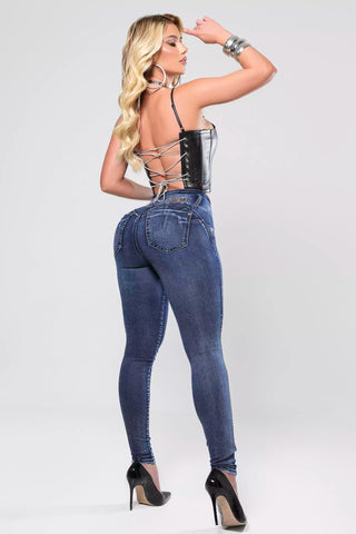 Calça Skinny Cós Largo Azul Médio Pit Bull Jeans | Modeladora Empina Bumbum