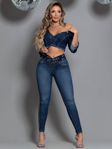 Calça Jeans Skinny com Elástico e Logomania no Cós