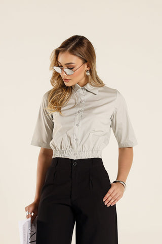 Cropped Jaqueline Tricoline com Cintura Ajustada