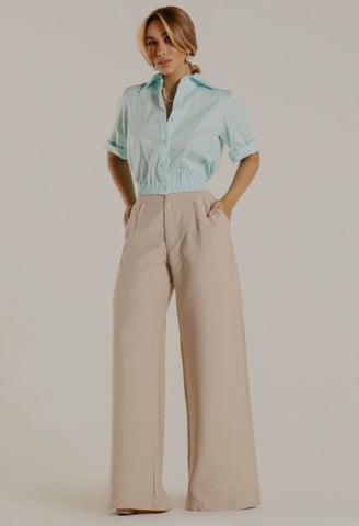 Cropped Jaqueline Tricoline com Cintura Ajustada