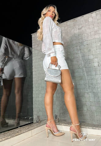 Off White Crepe Shorts with Elastane