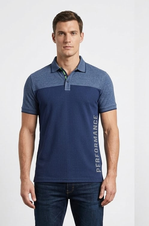 Polo masculina Balada azul – vistas frontal e traseira