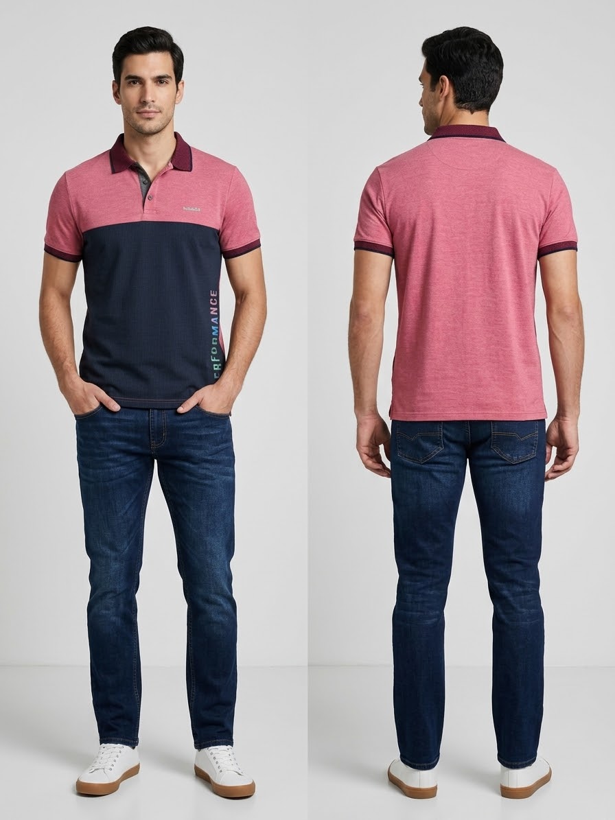 Polo masculina Balada rosa e azul-marinho – vistas frontal e traseira