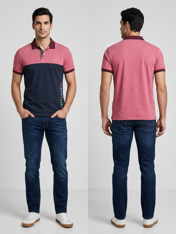 Polo masculina Balada rosa e azul-marinho – vistas frontal e traseira