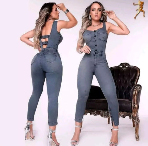 Macacão Luxo Jeans Modelador Com Bojo Empina Bumbum