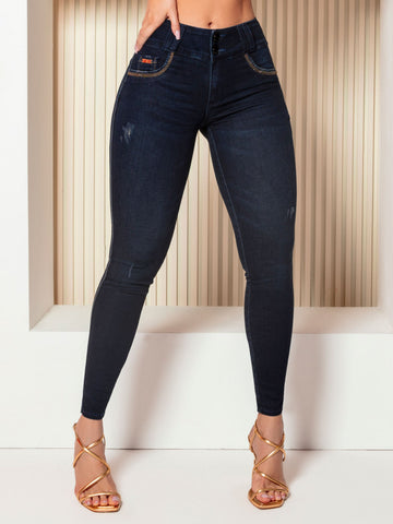 Calça Jeans Modeladora Escura com Strass - Garotabrasilstore