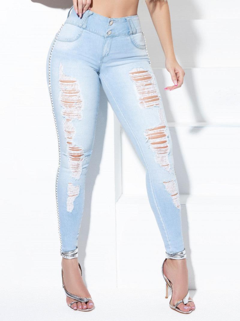 Calça Jeans Skinny Clara com Destroyed e Lateral de Cristais - Garotabrasilstore