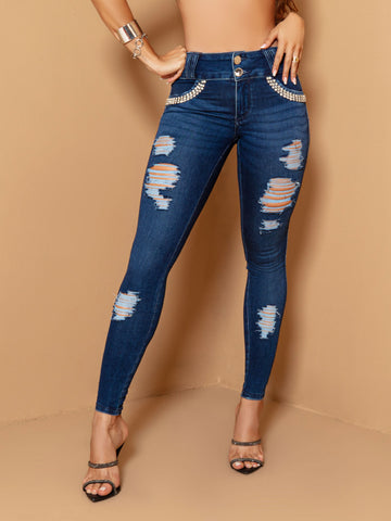 Calça Jeans Skinny com destroyed - Garotabrasilstore